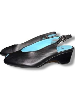 Thierry Rabotin Black Leather Italian Peep Toe Slingback Wedge Shoes 36